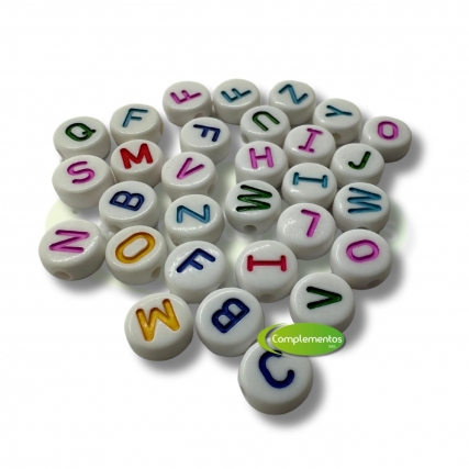 Dije acril redondo 10 mm c/letras x 250g