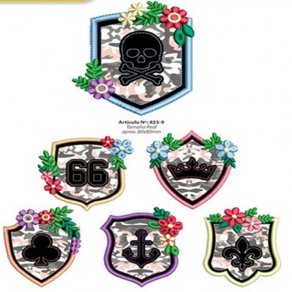 Aplicacion bord. escudo c/flores x 6 un