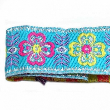 Galon bordado 2.5 cm flores turq x 11 yd