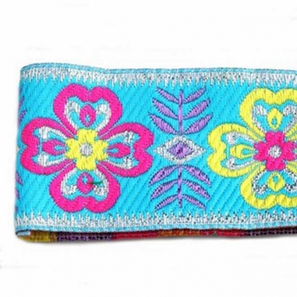 Galon bordado 5 cm turq flores x 10 yd